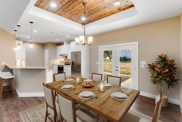 dining room with french doors, wooden ceiling, dark wood-type flooring, and a raised ceiling