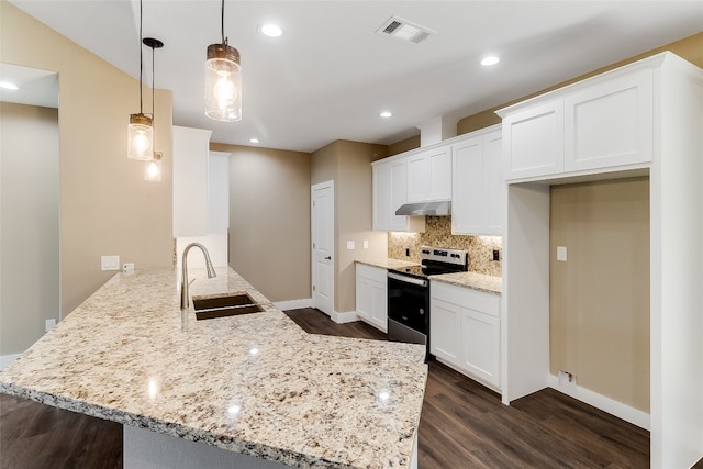 kitchen with kitchen peninsula, hanging light fixtures, white cabinetry, dark wood-type flooring, and stainless steel range with electric stovetop