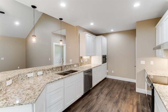 kitchen with white cabinetry, stainless steel appliances, lofted ceiling, and sink