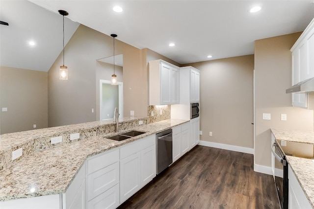 427 E Castleshoals Dr, Granite Shoals, TX 78654 - kitchen featuring a sink, electric stove, stainless steel dishwasher, dark wood finished floors, and baseboards