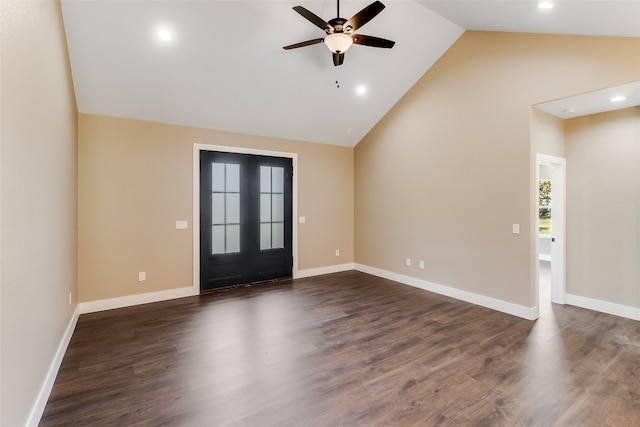 entryway with french doors, dark hardwood / wood-style floors, high vaulted ceiling, and ceiling fan