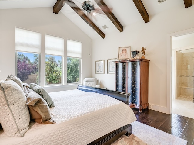 bedroom with dark hardwood / wood-style floors, lofted ceiling with beams, connected bathroom, and ceiling fan