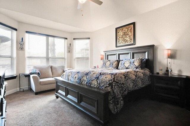 bedroom featuring carpet, multiple windows, and ceiling fan