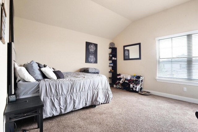 bedroom with lofted ceiling and carpet flooring