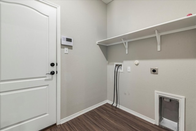 washroom with hookup for a gas dryer, hookup for a washing machine, electric dryer hookup, and dark hardwood / wood-style flooring