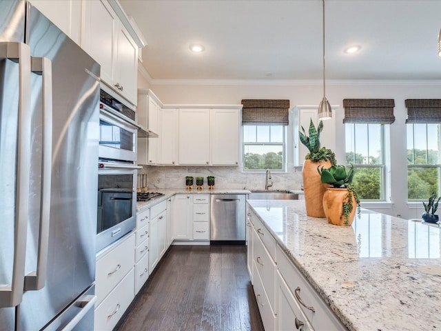 kitchen featuring pendant lighting, sink, dark hardwood / wood-style flooring, white cabinetry, and stainless steel appliances