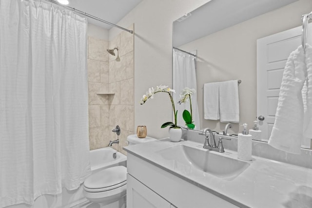 full bathroom with shower / bath combo, toilet, and vanity