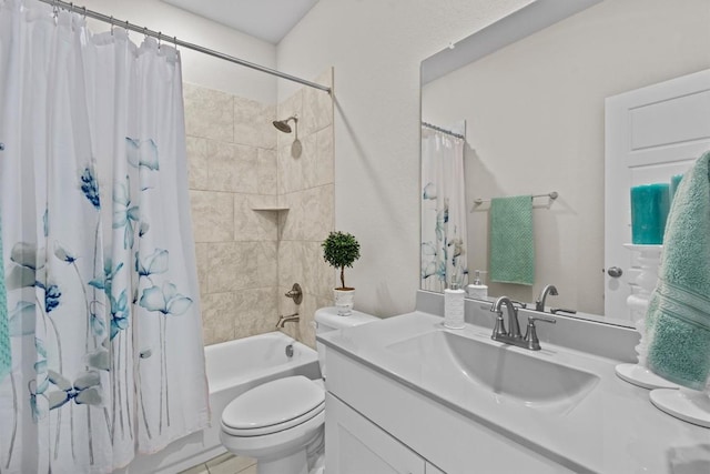 full bathroom featuring shower / bath combination with curtain, toilet, and vanity