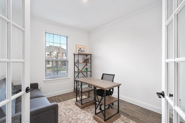 office area featuring french doors, ornamental molding, and dark hardwood / wood-style floors