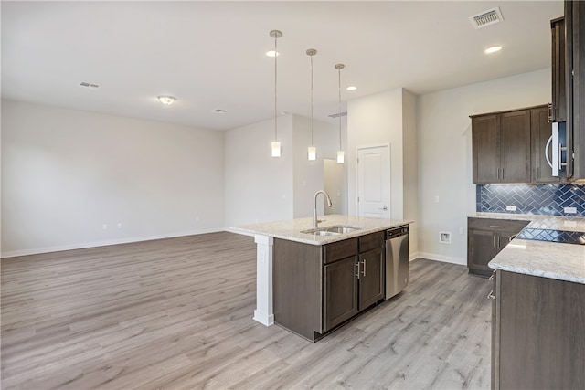 kitchen with appliances with stainless steel finishes, sink, light wood-type flooring, pendant lighting, and a center island with sink