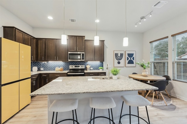 kitchen with stainless steel appliances, hanging light fixtures, and a kitchen island with sink