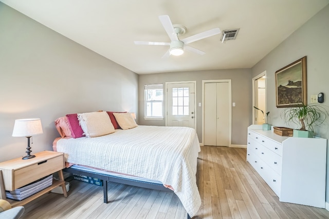 bedroom featuring ceiling fan and light hardwood / wood-style floors