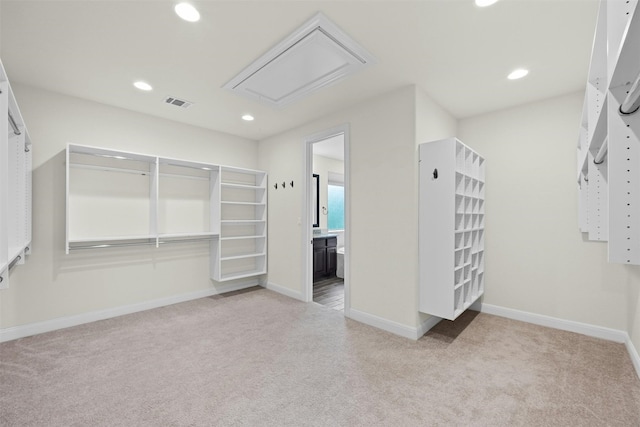 spacious closet featuring light colored carpet