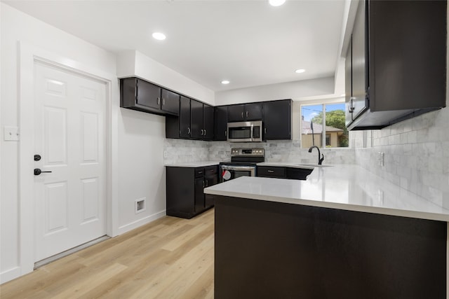 kitchen featuring kitchen peninsula, stainless steel appliances, backsplash, sink, and light wood-type flooring