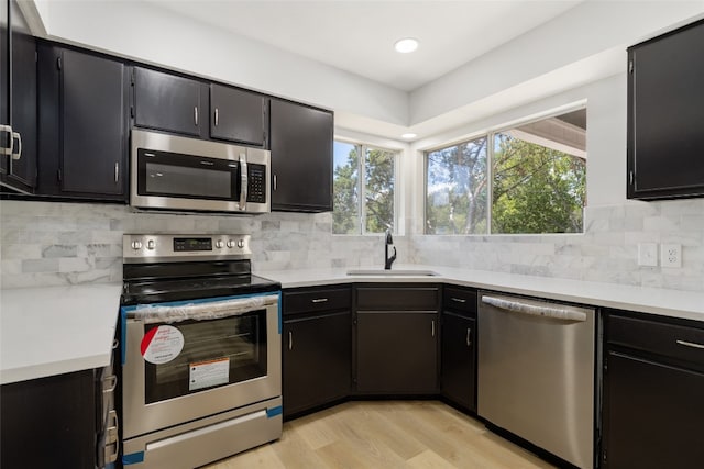 kitchen featuring stainless steel appliances, decorative backsplash, sink, and light wood-type flooring