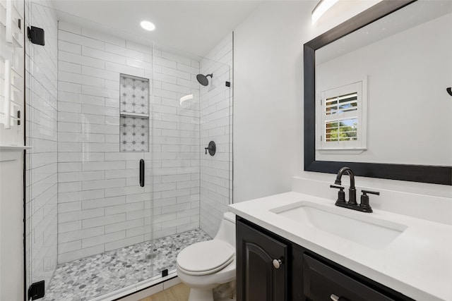 bathroom featuring vanity, toilet, and a shower with door