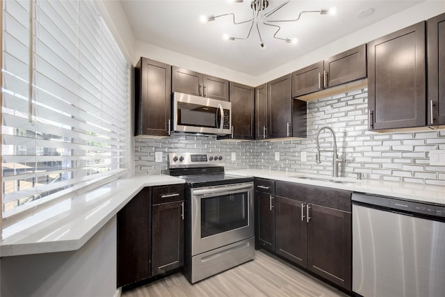 kitchen featuring tasteful backsplash, sink, light hardwood / wood-style floors, stainless steel appliances, and dark brown cabinetry