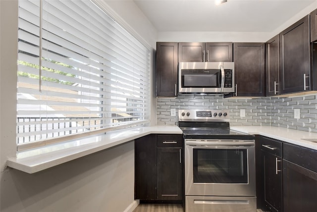 kitchen featuring stainless steel appliances, dark brown cabinets, plenty of natural light, and decorative backsplash