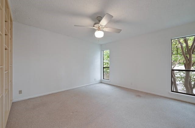 unfurnished room with light carpet, a healthy amount of sunlight, and ceiling fan