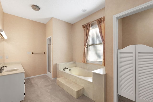 bathroom featuring vanity and plus walk in shower