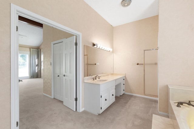 bathroom featuring vanity, plus walk in shower, and lofted ceiling