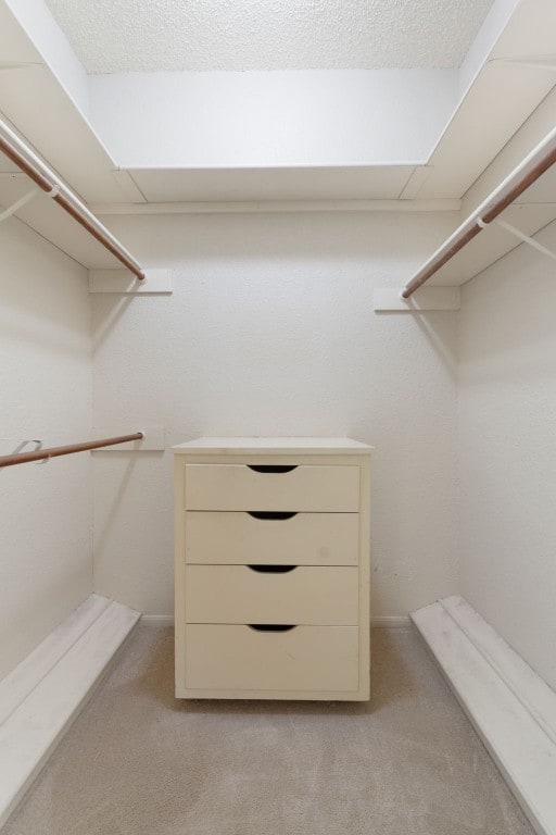 walk in closet featuring light colored carpet