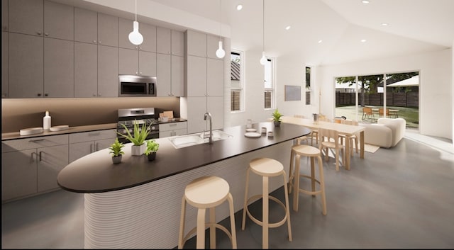 kitchen featuring sink, concrete flooring, hanging light fixtures, stainless steel appliances, and gray cabinets