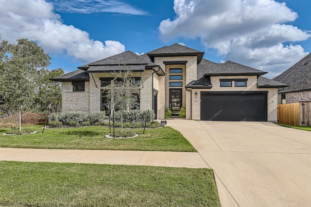 prairie-style home with a garage and a front lawn