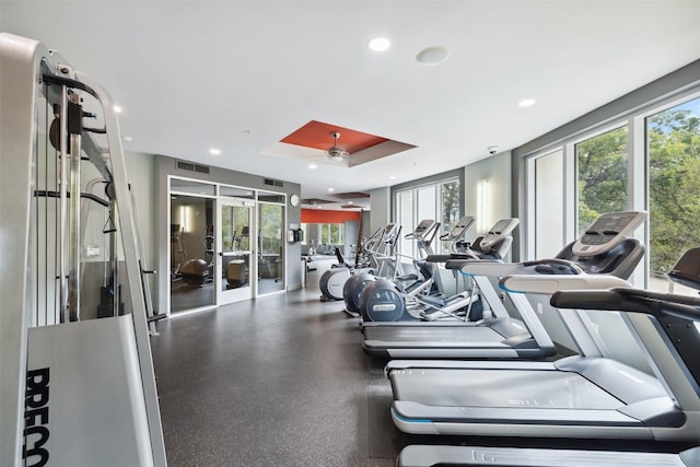 exercise room with ceiling fan and a wealth of natural light