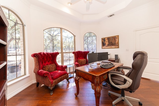 home office with hardwood / wood-style floors, a healthy amount of sunlight, a tray ceiling, and ceiling fan