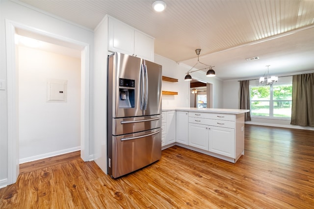 kitchen with white cabinetry, light wood-type flooring, stainless steel fridge with ice dispenser, and kitchen peninsula