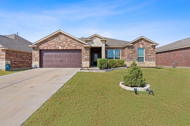 single story home featuring a front yard and a garage