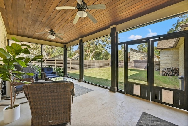 sunroom featuring ceiling fan and wooden ceiling