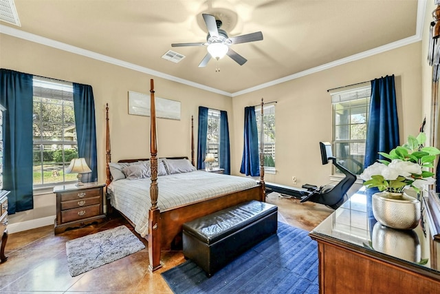 tiled bedroom with ceiling fan and crown molding