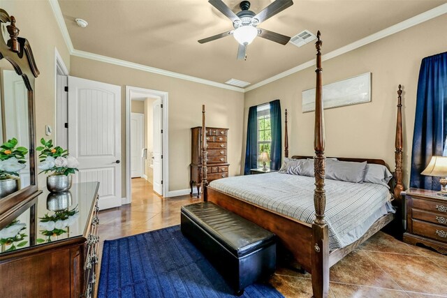 bedroom featuring ceiling fan, light tile patterned floors, and ornamental molding