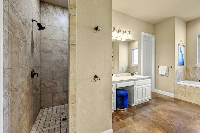 bathroom featuring vanity, tile patterned flooring, and plus walk in shower