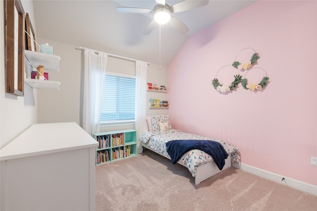 carpeted bedroom with lofted ceiling and ceiling fan