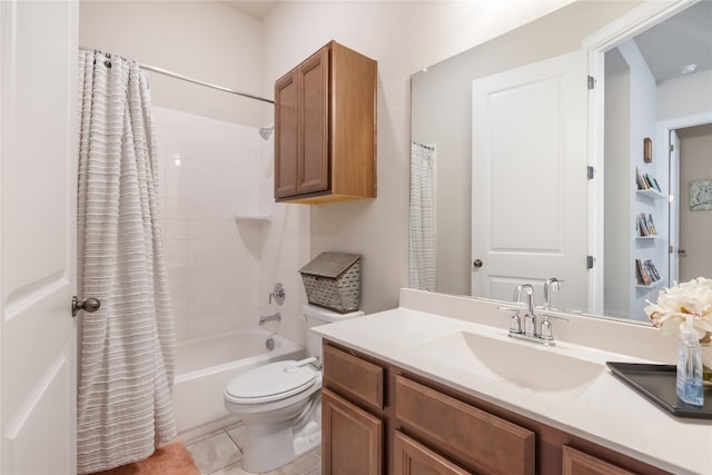 full bathroom with vanity, toilet, shower / bath combo with shower curtain, and tile patterned flooring