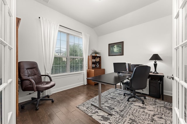 office area featuring french doors, lofted ceiling, and dark hardwood / wood-style floors