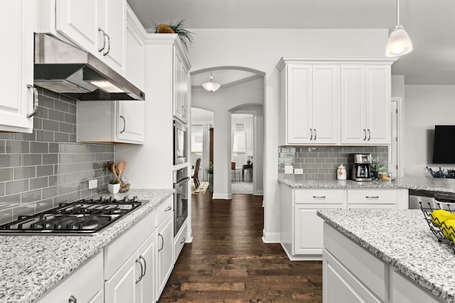 3224 Desert Shade Bnd, Leander, TX 78641 - kitchen with appliances with stainless steel finishes, under cabinet range hood, arched walkways, dark wood-style floors, and white cabinetry