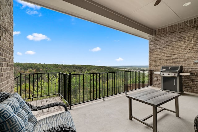 balcony with grilling area and ceiling fan