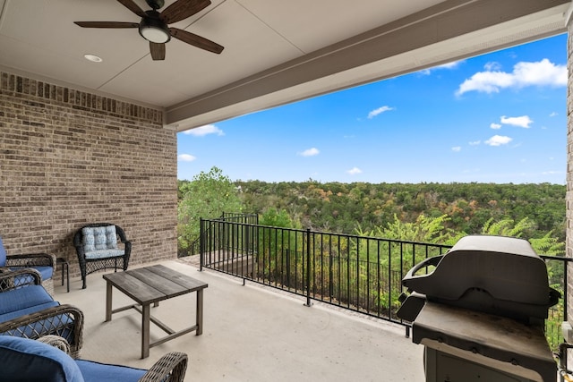 3224 Desert Shade Bnd, Leander, TX 78641 - balcony with a wooded view, ceiling fan, area for grilling, and outdoor lounge area