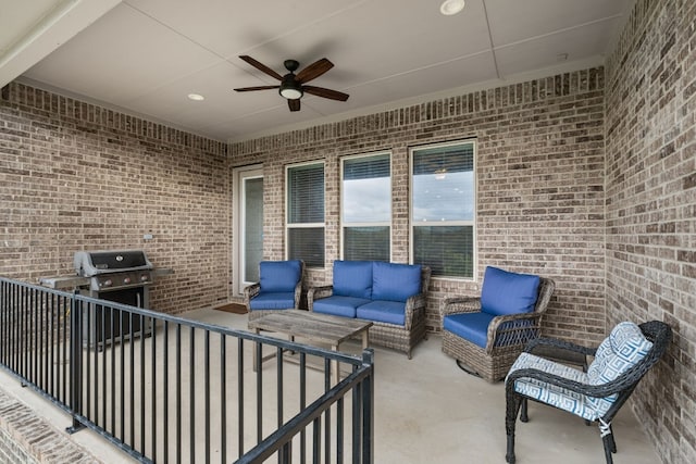 view of patio / terrace featuring grilling area, ceiling fan, and outdoor lounge area