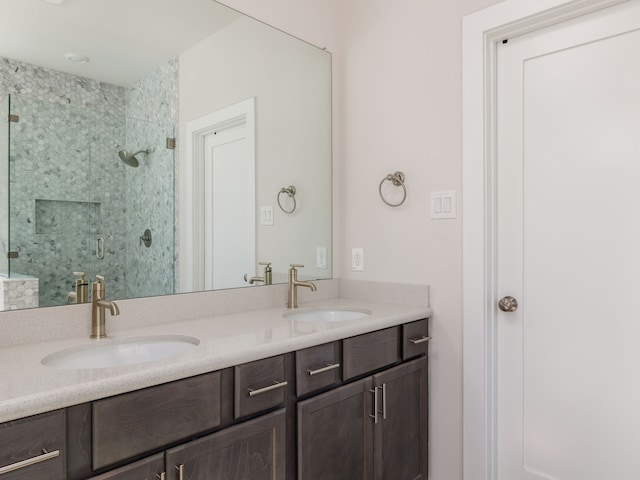 bathroom featuring vanity and a shower with shower door