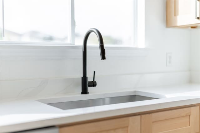 interior details with light brown cabinetry and sink