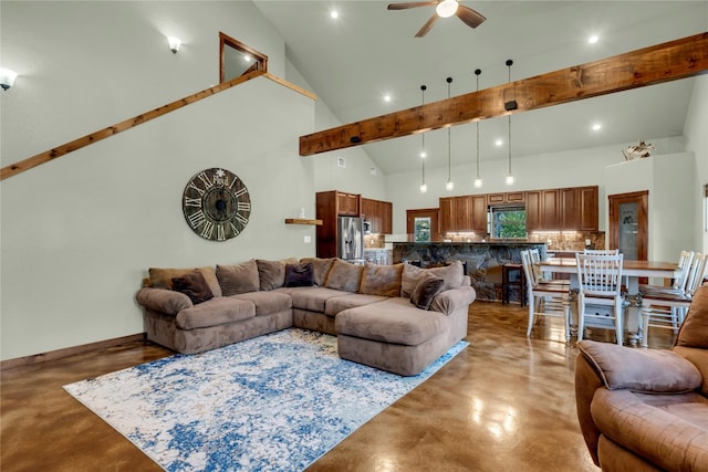 living room featuring high vaulted ceiling, concrete floors, and ceiling fan