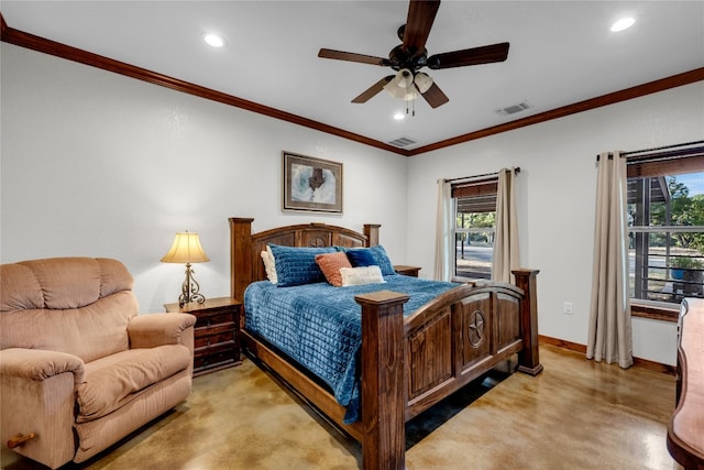 bedroom with crown molding and ceiling fan