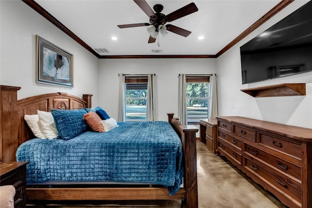 carpeted bedroom featuring ornamental molding and ceiling fan