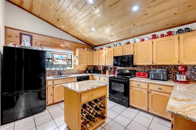 kitchen featuring wood ceiling, black appliances, and light stone counters