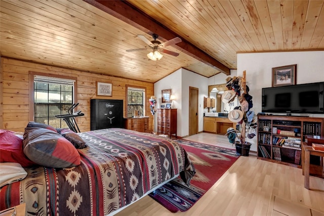 bedroom with light hardwood / wood-style flooring, wood walls, lofted ceiling with beams, and wood ceiling